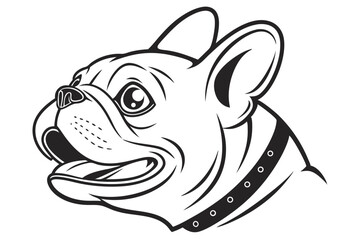 Black and white line art illustrates a happy French Bulldog wearing a studded collar