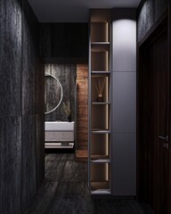 MoModernody dark hallway hallway design with with textured dark walls textured, walls wood, accents built,-in ambient shelf shelf lighting lighting,, wood and accents a, glimpse and of a a round styli