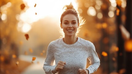 A joyful woman running through a path covered in autumn leaves, embodying happiness, freedom, and the vibrant essence of the fall season and outdoor activity.