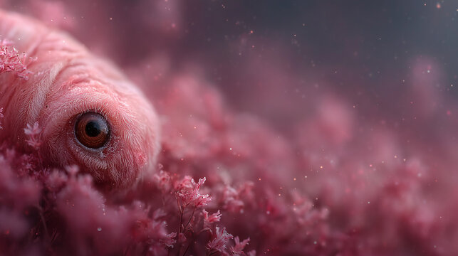Abstract background , a pink worm and one eye on the pink grass.