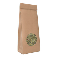 A brown paper bag with a transparent window showing herbal contents inside.