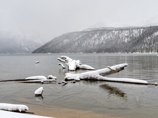 Mountain lake in winter with snow covered logs