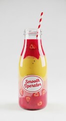 A layered fruit smoothie in a glass bottle with a straw isolated on white background