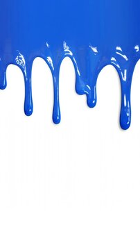 Wet Blue Paint Dripping Down Isolated White Wall Background