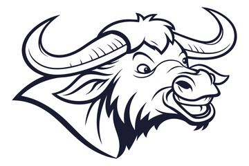 Isolated cartoon buffalo head shows a mischievous grin with outlined details against white background
