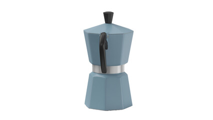 A blue moka pot used for brewing coffee, featuring a classic octagonal design and a sturdy handle.