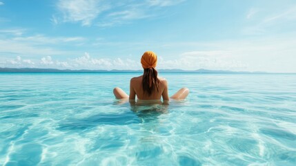 This serene image captures a woman sitting peacefully in clear turquoise ocean waters, exuding tranquility and an appreciation for the beauty of nature and self-care.