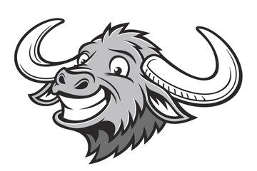 Smiling cartoon buffalo head with sharp horns displayed in monochrome looks happy