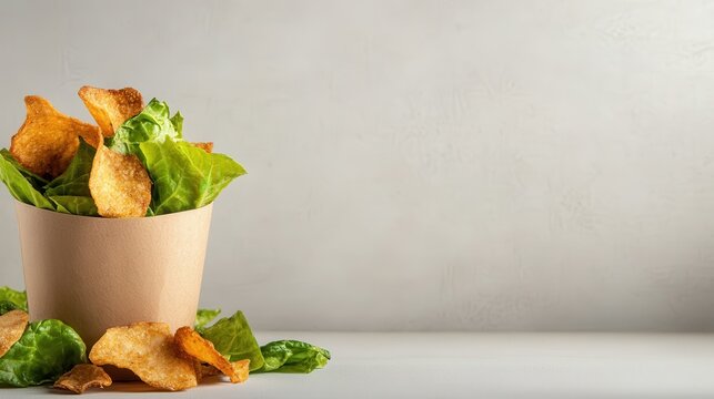A creative presentation of crispy chips in a cup mixed with fresh green lettuce, emphasizing a unique approach to healthy snacking and culinary innovation.
