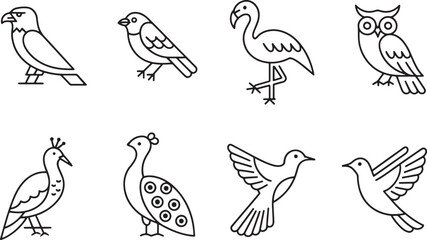 Seven Black Line Art Bird Icons Set Eagle Sparrow Flamingo Owl Peacock Dove Bird Illustrations birds
