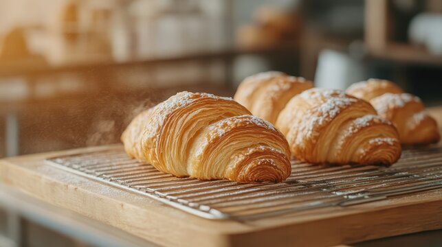 A delicious array of freshly baked croissants dusted with powdered sugar rests on a cooling rack, showcasing the beauty of artisan bakery creations and food photography.