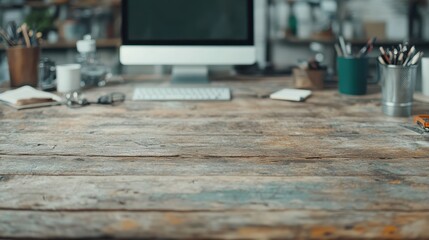 A spacious workspace featuring a clean wooden desk and a computer monitor, inviting creativity and productivity in an organized and minimalistic environment.