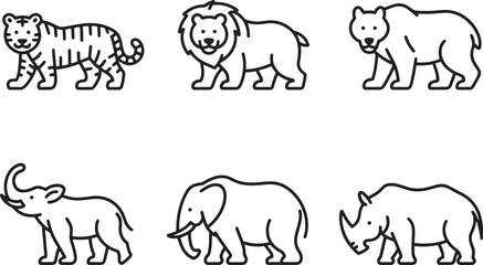 Six Black Line Art Wild Animal Icons Tiger Lion Bear Mammoth Elephant Rhino vector