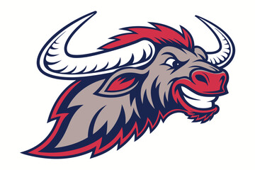 wildebeest mascot head showcases a fierce expression with bold red and gray coloring