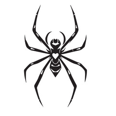 A bold black vector illustration of a stylized spider with a heart shape on its abdomen, set against a white background.