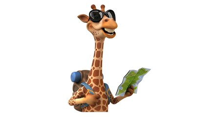 Cartoon giraffe tourist with sunglasses, backpack and map, smiling and ready to explore the world. On white background.