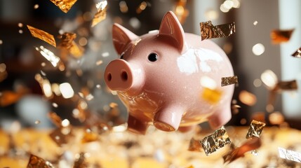 A vibrant pink piggy bank bursts with golden confetti, symbolizing prosperity, savings, and celebration, creating a dynamic and engaging visual experience for viewers.