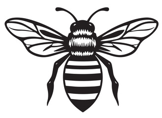 A detailed black and white vector illustration of a bee with striped abdomen and transparent wings, symbolizing pollination and nature.