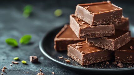 This enticing image showcases luscious chocolate fudge stacked on a black plate, emphasizing its rich texture and indulgent appeal, perfect for dessert lovers and chocolate aficionados alike.