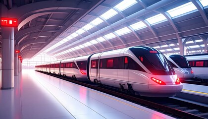 Fototapeta premium Empty Maglev Depot with Humming Hovertrain and Red Strobe Lights