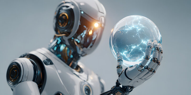 A robot holding a hologram, perfect for AI learning visuals or futuristic technology. - Powered by Adobe