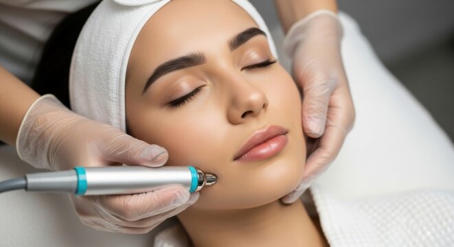Woman receiving professional facial treatment with microcurrent device