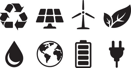 Naklejka premium Eight Black Silhouette Eco Friendly Icons Set Recycling Solar Panel Wind Turbine Leaves Water Drop Earth