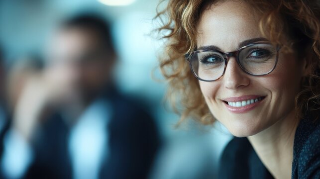 A confident woman with curly hair and stylish glasses smiles warmly, conveying professionalism and approachability in a modern office environment, embodying success and positivity.