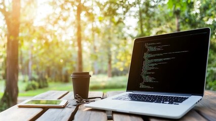 Laptop with programming code on screen a coffee cup and smartphone on a wooden table outdoors in a park environment with sun flare and green trees remote work and technology concept - Powered by Adobe