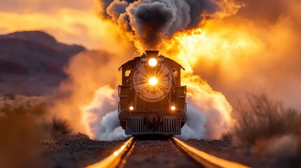 This dramatic image captures a vintage steam train billowing smoke as it emerges through the golden haze of a sunset landscape, evoking nostalgia and the romance of travel by rail.