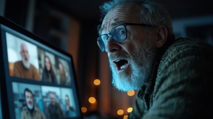 A shocked elderly man gazes at his computer screen during a video call, revealing a mix of surprise and concern in a dimly lit room filled with warm bokeh lights.