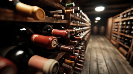 Fototapeta premium A captivating view of assorted wine bottles neatly arranged on wooden shelves in a rustic wine cellar, showcasing a rich collection for aficionados and enthusiasts alike.