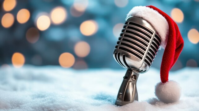 An artistic view of a vintage microphone wearing a Santa hat, set against a backdrop of festive bokeh lights, capturing the spirit of Christmas and seasonal celebrations.