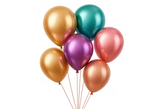 Six colorful metallic balloons floating tied together, isolated on transparent background, perfect for party, celebration, birthday, or anniversary visuals