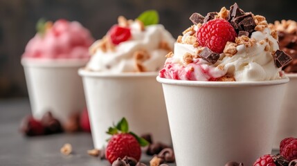 An inviting trio of ice cream sundaes adorned with fruits, nuts, and whipped cream, offering a delightful treat that celebrates the joy of summer desserts and indulgent experiences.