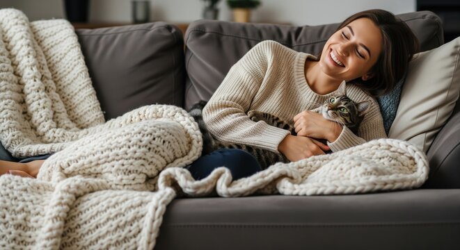 Young woman relaxing on couch cuddling a tabby cat with blanket