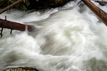 Wild currents in a mountain stream in spring