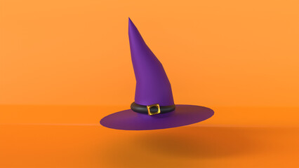 Fototapeta premium Hat violet purple color object witch hat orange yellow color background wallpaper object hat halloween happy october month 31 st date day ghost costume cartoon character hat halloween horror fun evil 