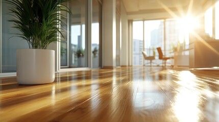 A serene modern office interior bathed in sunlight, complete with lush indoor plants, wood flooring, and floor-to-ceiling windows, creating an inviting workspace atmosphere.