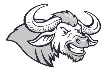 Grinning buffalo head shows powerful horns and menacing expression in grayscale tones