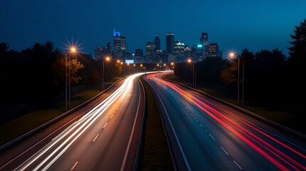 Night Cityscape Highway: Long Exposure Traffic Streaks, Urban Skyline, Dark Blue Sky, Modern City Lights, Fast Motion