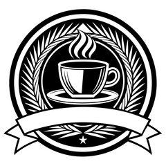 Coffee cup badge with leaves isolated on white background