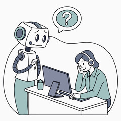 AI Robot Asking Help from Human Support Agent – Cute Tech Illustration