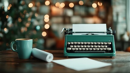An inviting scene featuring a vintage green typewriter next to a cup of coffee, set against softly blurred lights, perfect for a warm, nostalgic atmosphere in a creative workspace.