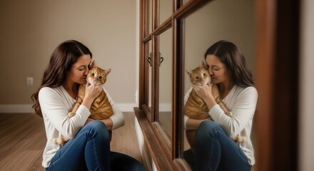 Woman hugging and kissing orange tabby cat indoors with mirror reflection