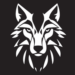 A white vector illustration of a wolf's head, stylized with sharp, geometric lines, on a black background.
