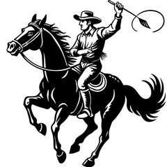 Cowboy riding a horse and holding a lasso isolated on white background