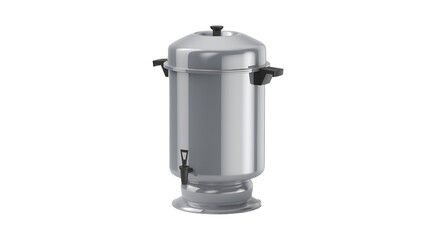 A shiny stainless steel urn with a lid and tap, used for serving hot beverages.