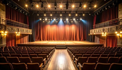 Empty Theater Stage with Red Curtain and Dramatic Lighting Effects