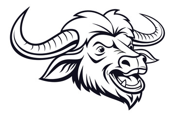 Cartoon cape buffalo smiles broadly, showing teeth and powerful horns in black and white